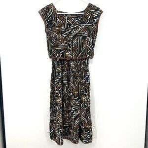 Vintage Neiman Marcus 100% Cotton Brown Black Print Dress Women's 6